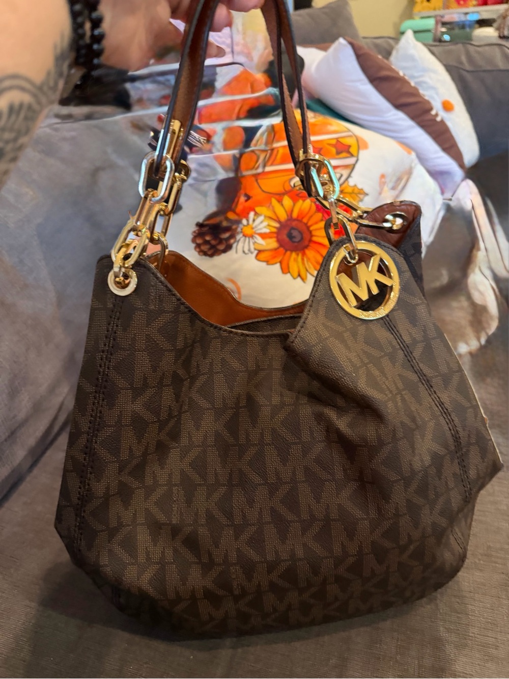 Michael Kors Brown MK Logo Shoulder Tote with Gold Hardware